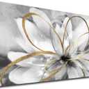SOUGUAN Flower Wall Room Decor Gold Decoration White Flower Artwork for Living Room Office Dining Room 24x48 Inch (24"x48", Grey)