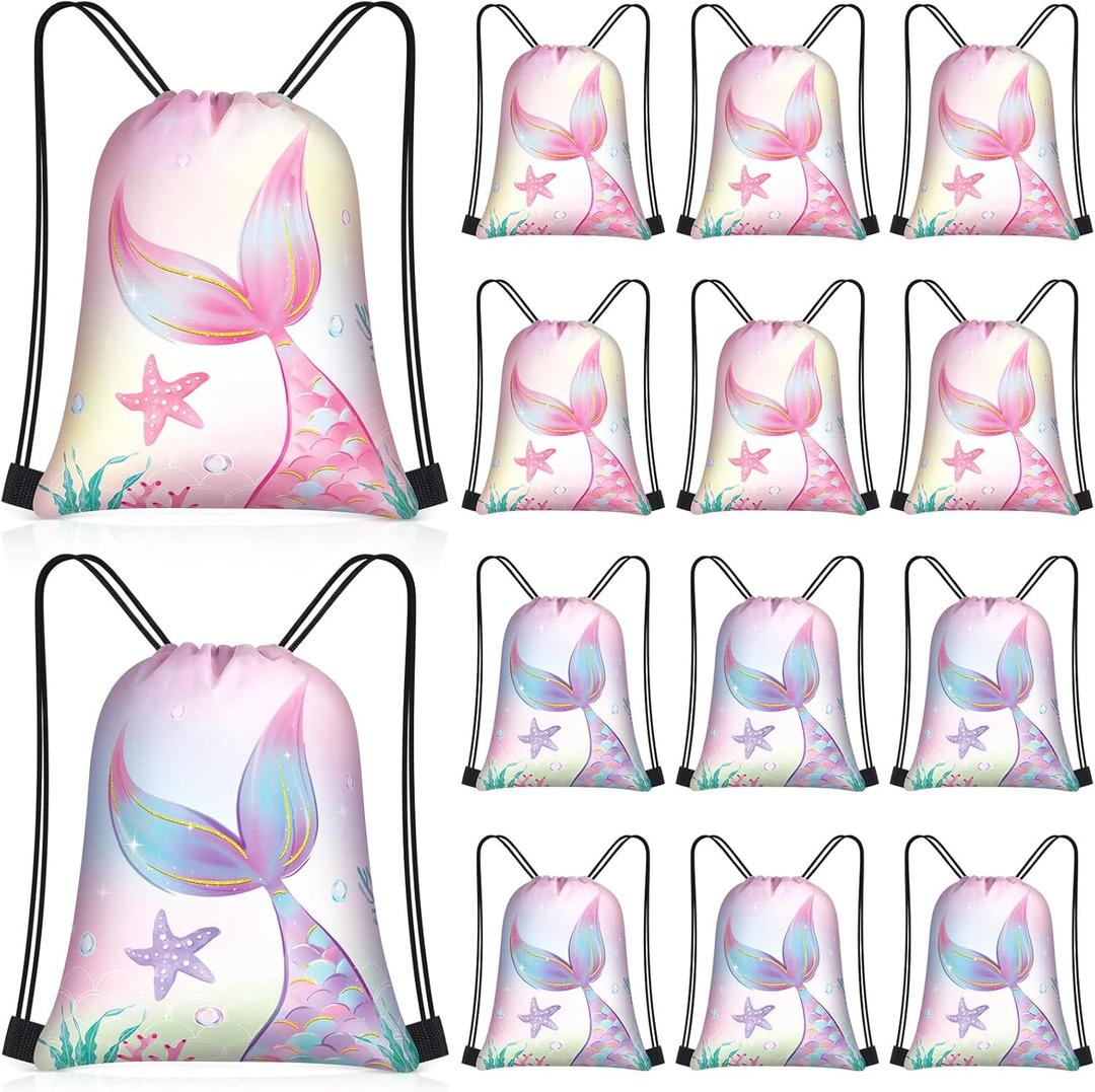 Censen 24 Pcs Mermaid Party Favor Drawstring Bag Bulk 12 x 10 Inch Mermaids Theme Party Favor Bags Waterproof Pack for Kids Gift Birthday Party, as pictures shown