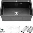 28 Inch Drop in Kitchen Sink with Overflow Gunmetal Black, 16 Gauge Stainless Steel Single Bowl Topmount Kitchen Sink, 9 Inch Deep Sink with Dish Grid, Roll Drainer and Basket Strainer