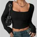SOLY HUX Women's Long Sleeve Crop Tops Y2k Square Neck Ribbed Knit Going Out T Shirts (Black, M)
