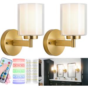 Battery Operated Wall Sconce Set of 2, Wireless Wall Sconce with Remote,10000mAh Rechargeable RGB Dimmable Bathroom Light Fixtures with Double Clear Glass Shade NOT Hardwired (Brass)