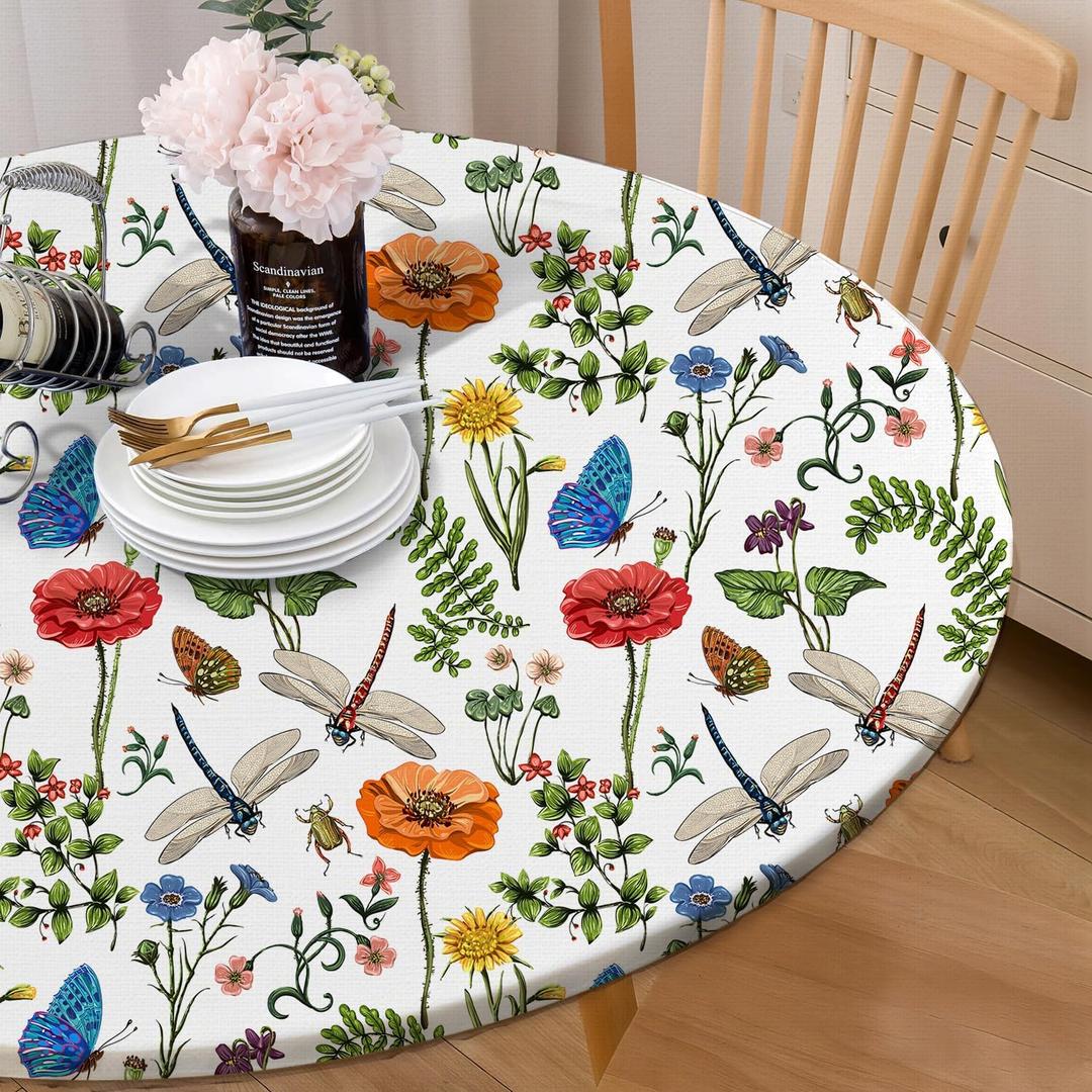 Round Tablecloth Fitted Elastic Edge Patio Table Covers Wrinkle Resistant Polyester Table Cloth for Picnic Camping Indoor and OutdoorDragonflies Butterflies Flowers 57"-68" (White/Reds/Oranges/Yellows/Greens)