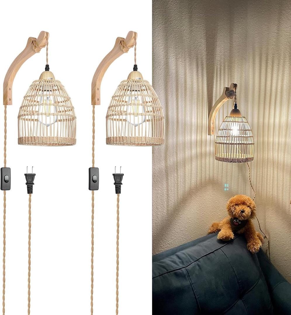 Frideko Wicker Wall Sconces Set of Two Plug in, Rattan Wall Lamp with Plug in Cord, Farmhouse Wall Light Fixtures with 9.84FT On/Off Switch Cord, Boho Sconces Wall Lighting for Bedroom Living Room (White(2PC))