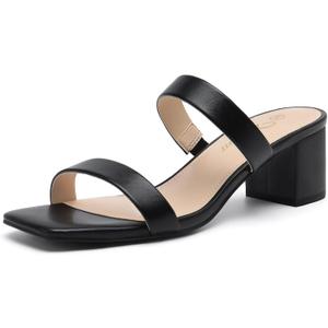 Athlefit Women's Two Strap Open Toe Heels Sandals Chunky Block Comfortable Slip On Low Heel Dress Shoes (11, Black)