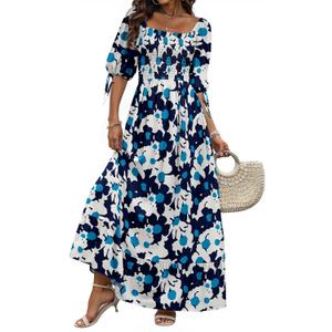 Women Boho Maxi Dresses Summer 2026 Puff Sleeve Square Neck Smocked Aline Casual Ruffle Tiered Flowy Beach Long Dress Pocket (Blue, XL)
