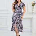 EYWOL Plus Size Wedding Guest Dress for Women, Floral Chiffon Midi Wrap Dress, Flutter Sleeve High Waist Flowy Summer Dresses (Black)