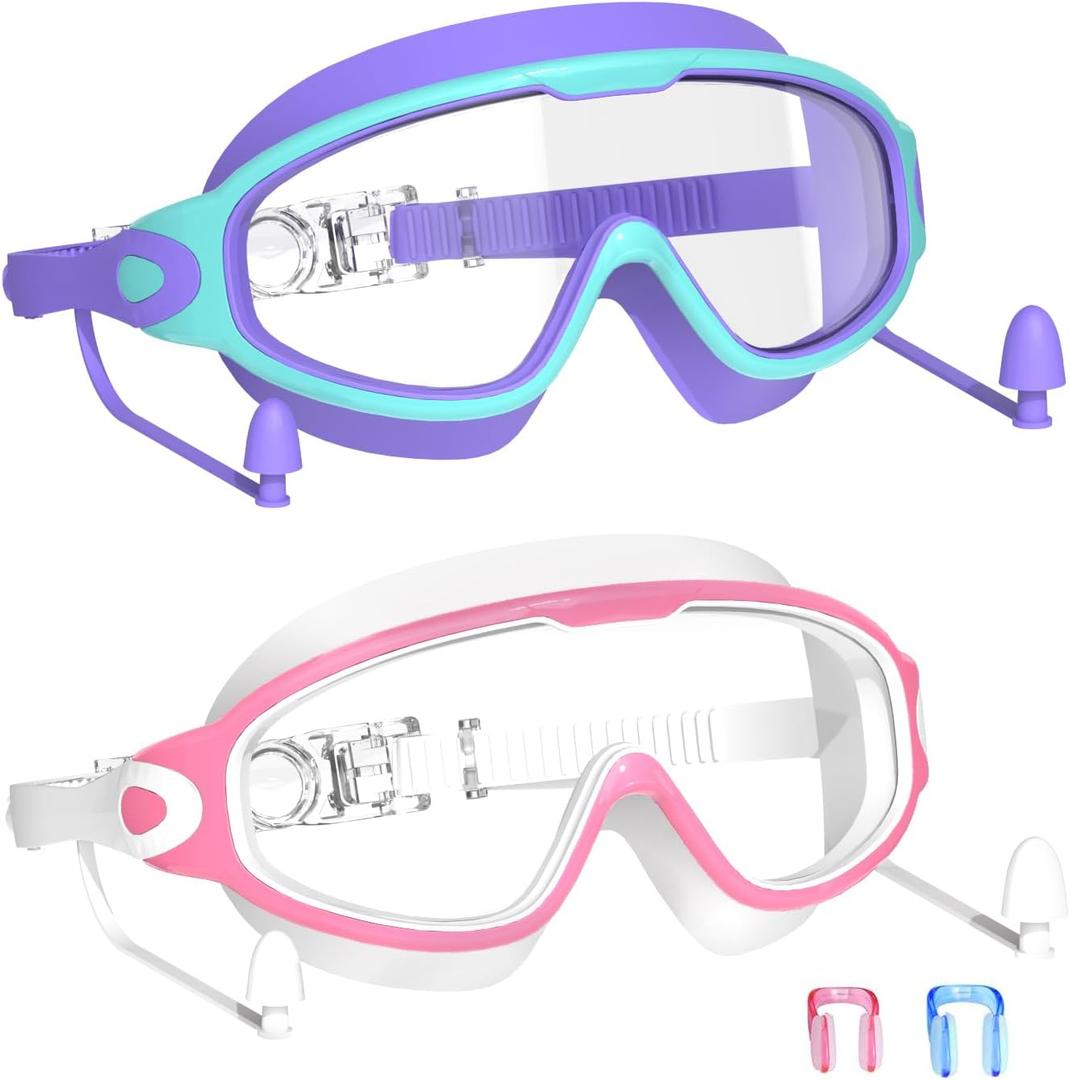 Swim Goggles for Kids 3-15 with Earplugs Large Frame Anti-Fog/UV Swimming Goggles for Boys Girls Toddler 2PCS