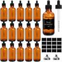 Jucoan 16 Pack Dropper Bottles, 4 oz/120ml Amber Glass Tincture Bottles with Graduated Glass Eye Droppers for Essential Oils, Perfume, 2 Stainless Steel Funnels,16 Chalkboard Labels