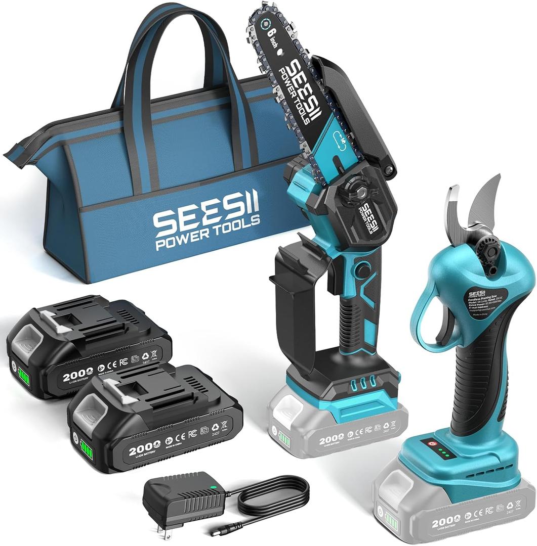 SEESII Mini Chainsaw & Electric Pruning Shears Combo, 6-inch Brushless Handheld Power Chain Saw, 1.2 Cutting Cordless Pruner for Tree Trimming, Tools Kit with 2x2000mAh Batteries, Fast Charger