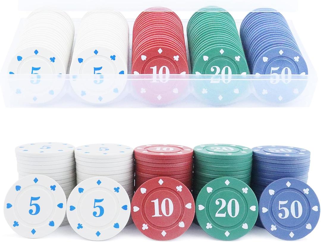 100PCS Professional Game Plastic Poker Chips Set with Number Markings - Portable Casino-Themed Accessories for Family Game Night, Card Games, Mahjong & Strategy Entertainment