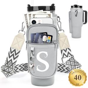 LOKASS Personalized Water Bottle Holder with Strap for Stanley Cup Accessories 40 oz, Initial for Stanley Cup Holder Carrier Bag with Phone Pocket, Everyday Carry Tumbler Accessories - Gray