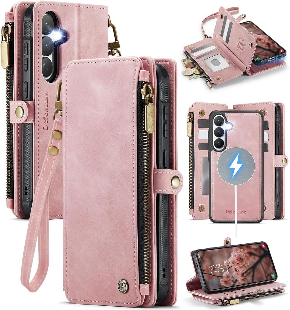 Defencase for Galaxy S26 Magnetic Wallet Case Compatible with Magsafe with RFID Blocking Zipper & Card Holder for Women Men, PU Leather Detachable Phone Case for Samsung Galaxy S26 6.3 inch, Rose Pink