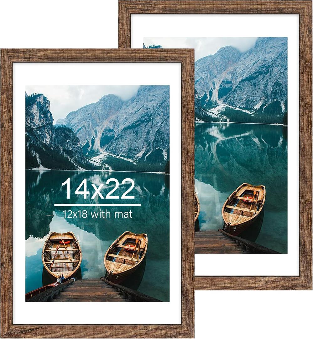 Hongkee 14x22 Picture Frame Set of 2, Rustic Brown Wood Style - Display 14 x 22 Picture without Mat or 12x18 Picture with Mat, Wall Mounting Horizontal and Vertical