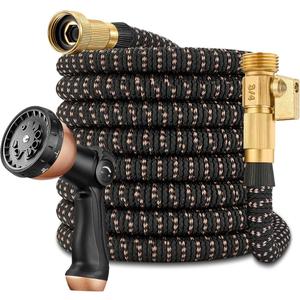50FT Expandable Garden Hose - with 10-Function Spray Nozzle - Lightweight, Flexible, Retractable Garden Hose, Water Hose - No-Kink Flexibility,3/4" Solid Brass Fittings-ChampagneGold