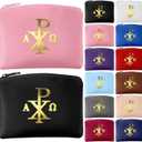 12 Pcs Rosary Pouch Catholic with Gold Cross PU Leather Rosary Case for Women and Men Coin Purses Holder Zipper Bag for Travel Christmas, 12 Colors(Chi Rho)