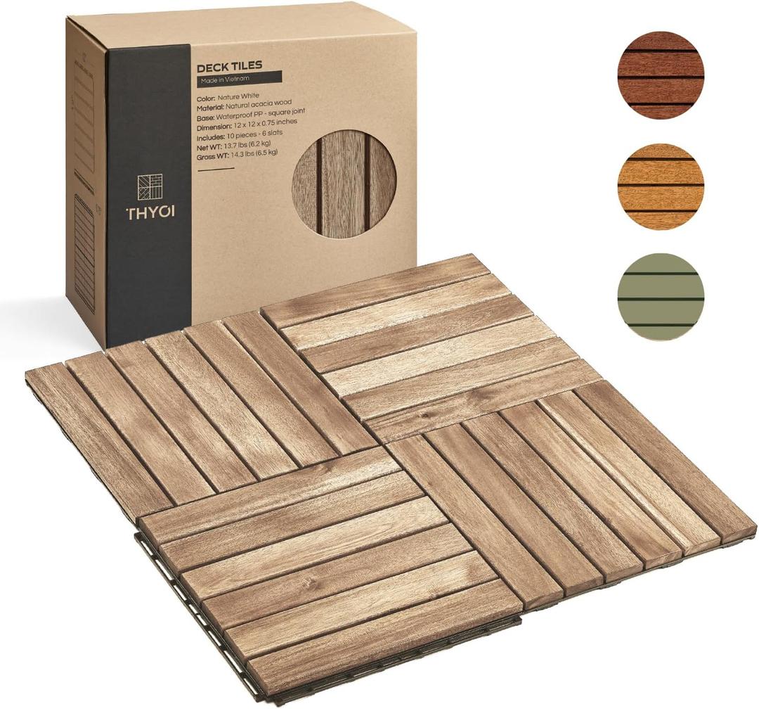 THYOI Premium Deck Tiles, Patio Flooring - Outdoor Waterproof Acacia Wood Tiles for All Weather Use - Balcony, Backyard, Indoor & Outdoor (Square Ft) (10, White, 6S)