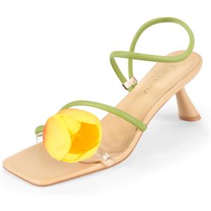 LACIKOSZ Flower Kitten Heel Sandals for Women Calla Lily Green Heels Square Open Toe Floral Strappy Low Heel Sandals Summer Dressy Wedding Shoes, 7.5