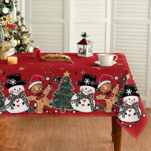 Horaldaily Christmas Tablecloth 60x104 Inch Rectangular, Gingerbread Man Tree Snowman Red Washable Table Cover for Party Picnic Dinner Decor