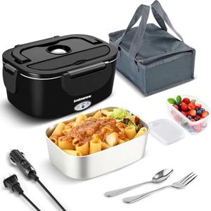 Andmenow 80W Electric Lunch Box food warmer for Adults, Portable Food Heater for Travel/Home/Office,12V/24V/110V Heated Lunch Box Suitable for Ideal Driver/Work/Gift, BLACK