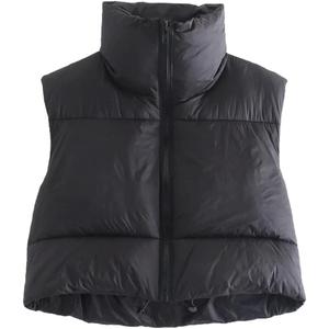 KEOMUD Women's Winter Crop Vest Lightweight Sleeveless Warm Outerwear Puffer Vest Padded Gilet (Black), S