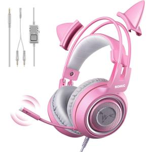 SOMIC G951s Pink Stereo Gaming Headset with Mic for PS4,Xbox,PC,Mobile Phone,3.5mm Noise Reduction Cat Ear Headphones Lightweight Over Ear Headphones for Woman