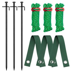Kingsyard Tree Stakes and Supports, 16 Inch 3 Pcs Steel Heavy Duty Tree Stake Kit for Leaning Young Trees Straightening Kit Against Bad Weather, with 6Pcs Straps & 6Pcs 13ft Anchor Ropes