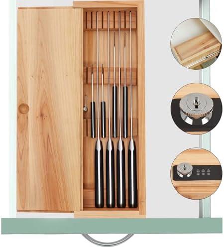 Amcortn Knife Lock Box - Kitchen Knife Storage Box, Kids Safe In Drawer Knife Block, Wooden Sharp Knives Holder & Organizer, Multi Purpose Lock Box, Knife Storage Alternative (Knives Not Included)