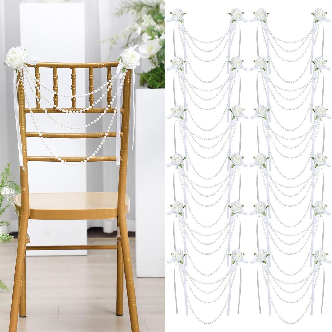 16 Pcs Pearl Wedding Chair Decoration with Artificial Rose Faux Pearl Beaded Garland String Chair Sash Decor for Bridal Shower Wedding Aisle Ceremony Party Banquet