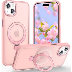 Magnetic for iPhone 15 Plus Case with Ring Stand, [10 FT Drop Protection] [Velvety Touch] Slim Translucent Matte Back Shockproof Phone Case for iPhone 15 Plus 6.7'', Pink