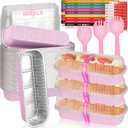 100 Pack Mini Loaf Pans Mini Cake Pans with Lids and Spoons Sealing Sticker, 6.8oz Rectangle Aluminum Foil Baking Pans Disposable Loaf Cake Pan for Baking (Pink)