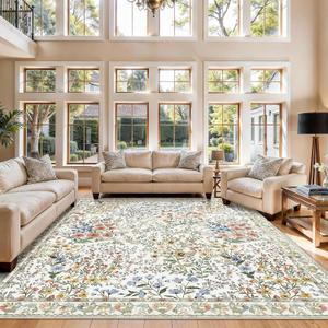 8x8 Square Area Rug Living Room, Non-Slip Floral Washable 8ft Square Rug Low Pile Thin Indoor Carpets for Dining Room Bedroom Office High Traffic Area Boho Vintage Home Decor (8ft Square, Beige)