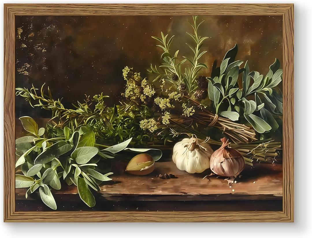 Artevio Framed Canvas Wall Art, Vintage Garlic Pictures Wall Decor, Nature Botanical Prints Paintings, Still Life Aesthetic Artwork for Kitchen Dining Room Living Room Farmhouse Decor 16x24 inch