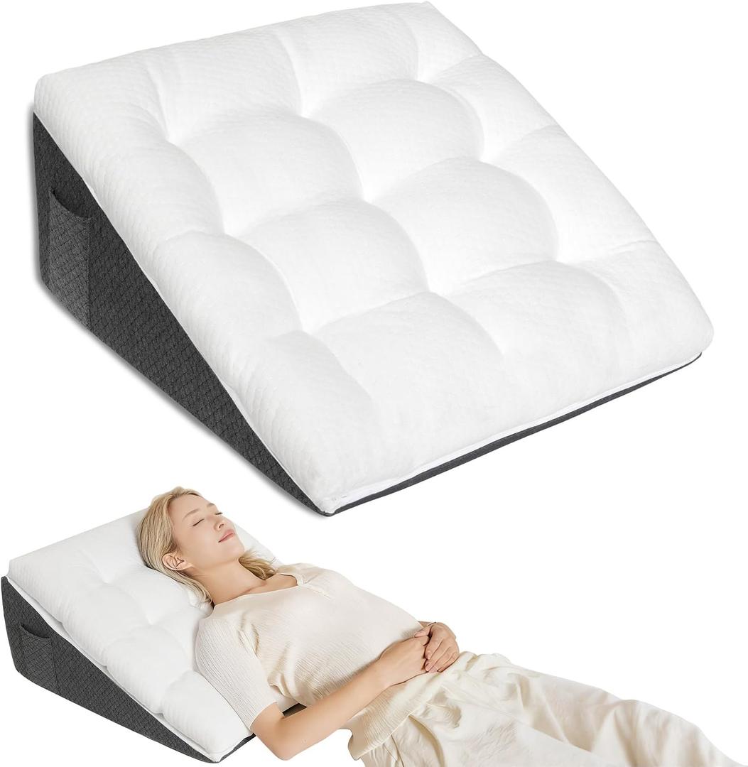 Bed Wedge Pillow for Sleep Apnea 12 Inch - Dual Layer Triangle Pillow with Soft PP Cotton Topper, Ideal Headboard Pillow for Post-Surgery Recovery, Snoring & Back Pain Relief