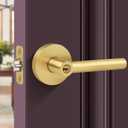 Entry Door Lock with Keys,Brushed Gold Door Handles, Heavy Duty Door Lever, Round Doors Handle for Exterior/Interior Doors, Reversible Door Lever for Bedroom or Office-Satin Brass Finish (1 Pack)