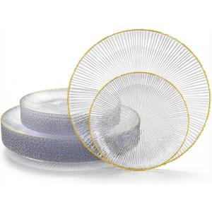 DaYammi 60Pcs Clear Plastic Plates with Gold Rimmed - Gold Disposable Plates Set Including 30pcs Dinner Plates,30pcs Dessert Plates with Radial Texture for Party & Wedding Dinner