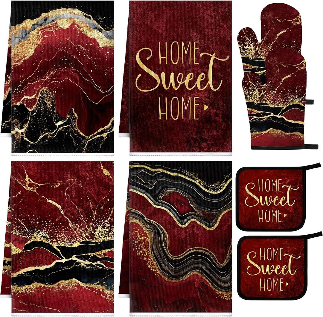 Leinuosen 8 Pcs Burgundy Marble Kitchen Towels and Dishcloths Sets Oven Mitts and Pot Holders Sets Absorbent Kitchen Gloves Potholders Heat Resistant for Chef Baking Cooking