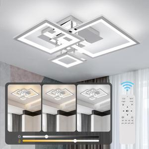Modern Chrome Led Ceiling Light 3-Square Design 3000K-6500K Dimmable LED Ceiling Light with Remote 33W Acrylic Ceiling Lighting Fixture for Bedroom Kitchen Dining Room Office Lamps