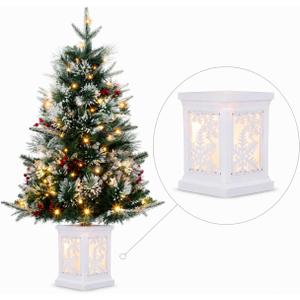3Ft Pre-Lit Holiday Christmas Tree with Snowflake Base, Artificial Christmas Tree with Timer Function and 78 Led Lights, Snowflake and Red Berry Decorations, Holiday Ready, Easy Indoor Installation
