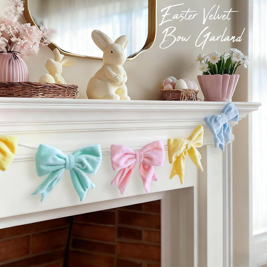 Easter Decorations - 6.5 Ft Pastel Velvet Bow Garland - Spring Room Decor for Home Party Office - Coquette Birthday Decorations for Table Door Mantel Window Wall