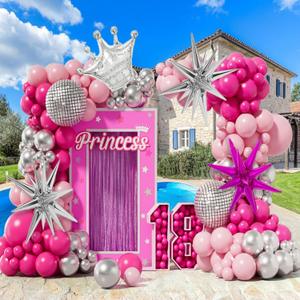 138pcs Pink and Silver Balloon Arch Kit with Pastel Pink Silver Disco Ball Star Crown Balloons for Pink Princess Theme Party Birthday Girl Baby Shower Anniversary Wedding Decorations