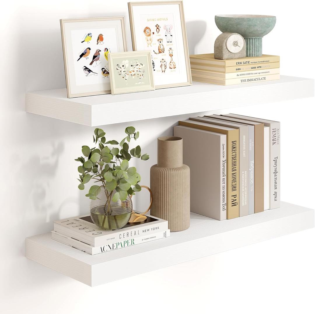 24 inch Floating Shelves for Wall,9.3 inch deep White Wood Shelves with Invisible Brackets,Wall Mounted Storage & Display Shelves for Bedroom,Living Room,Set of 2 (23.6"Wx9.3"Dx1.6"H, Set of 2)