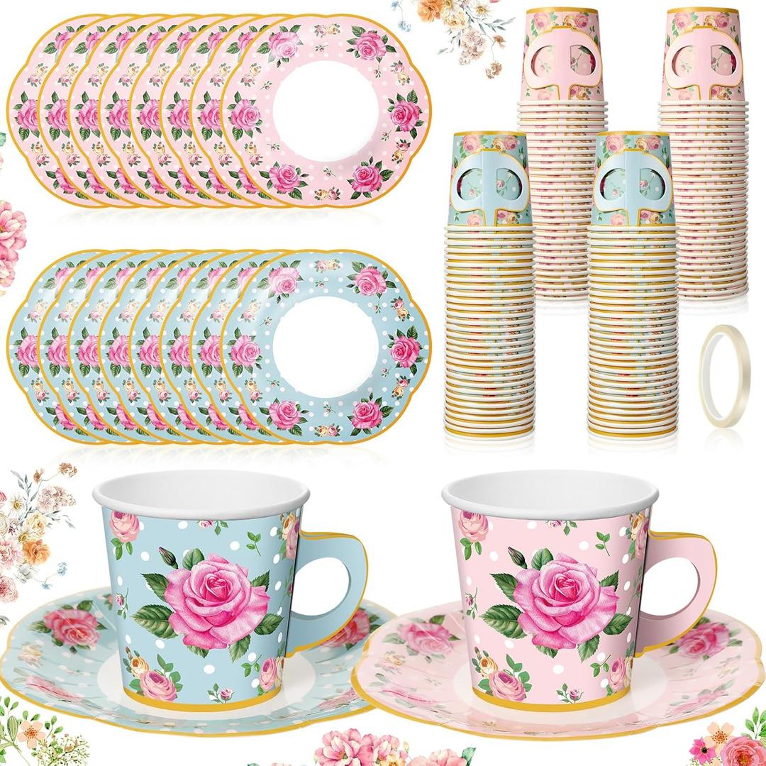 Umigy 36 Sets Tea Party Decorations Floral Paper Tea Cups with Handle and Plates Disposable Blossom Teacups Saucers Sets with Tape for Hot Cold Drink Birthday(Blue Pink, 6.5 oz)