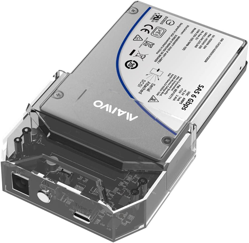 MAIWO SAS to USB-C Adapter Enclosure(MAX 6Gbps),Tool-Free 2.5 inch SAS/SATA External Hard Drive Enclosure with 6TB Storage Expansion,12V3A Power Supply, Plug and Play
