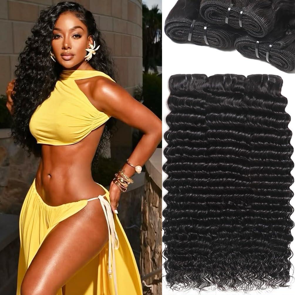 12 Grade Brazilian Water Wave 3 Bundles Human Hair (26 28 30) 100% Unprocessed Virgin Deep Curly Hair Weave Soft And Full Water Wave Human Hair 4 Bundles Natural Black Hair Extension