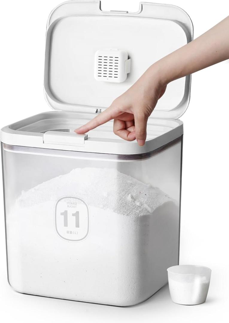 LivLab Mker Laundry Detergent Dispenser with One-Press Lid,Clear PET powder container with Measuring Cup, pods container 11L/25Lbs/400oz(540 Pods)