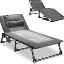 Mopaicot Folding Camping Cot for Adults, Adjustable 4-Position Reclining Chair with Mattress and Pillow, Lounge Chair Camp Cots Bed for Sleeping, Travel, Garden, Pool, or Office Nap (Gray)