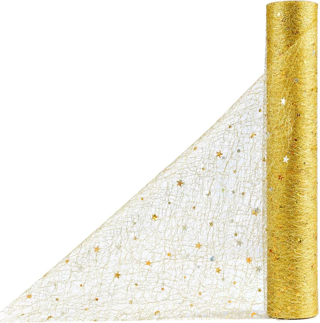 OSVINO Glitter Table Runner Roll - 11Inch x 33Feet Metallic Sequin Mesh with Stars & Moons, Sparkle Foil Wedding Table Decor for Bridal Shower, Baby Shower, Birthday Party, Christmas - Gold