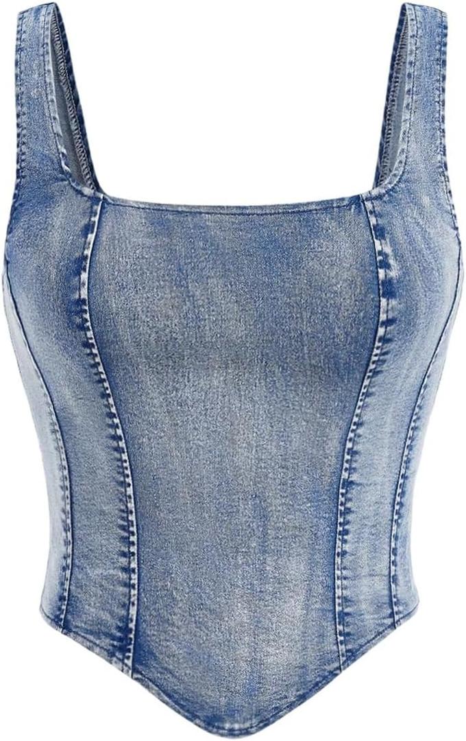 WDIRARA Women's Denim Corset Tank Top Asymmetrical Hem Crop Tops Sleeveless Zip Up Back Tanks XS
