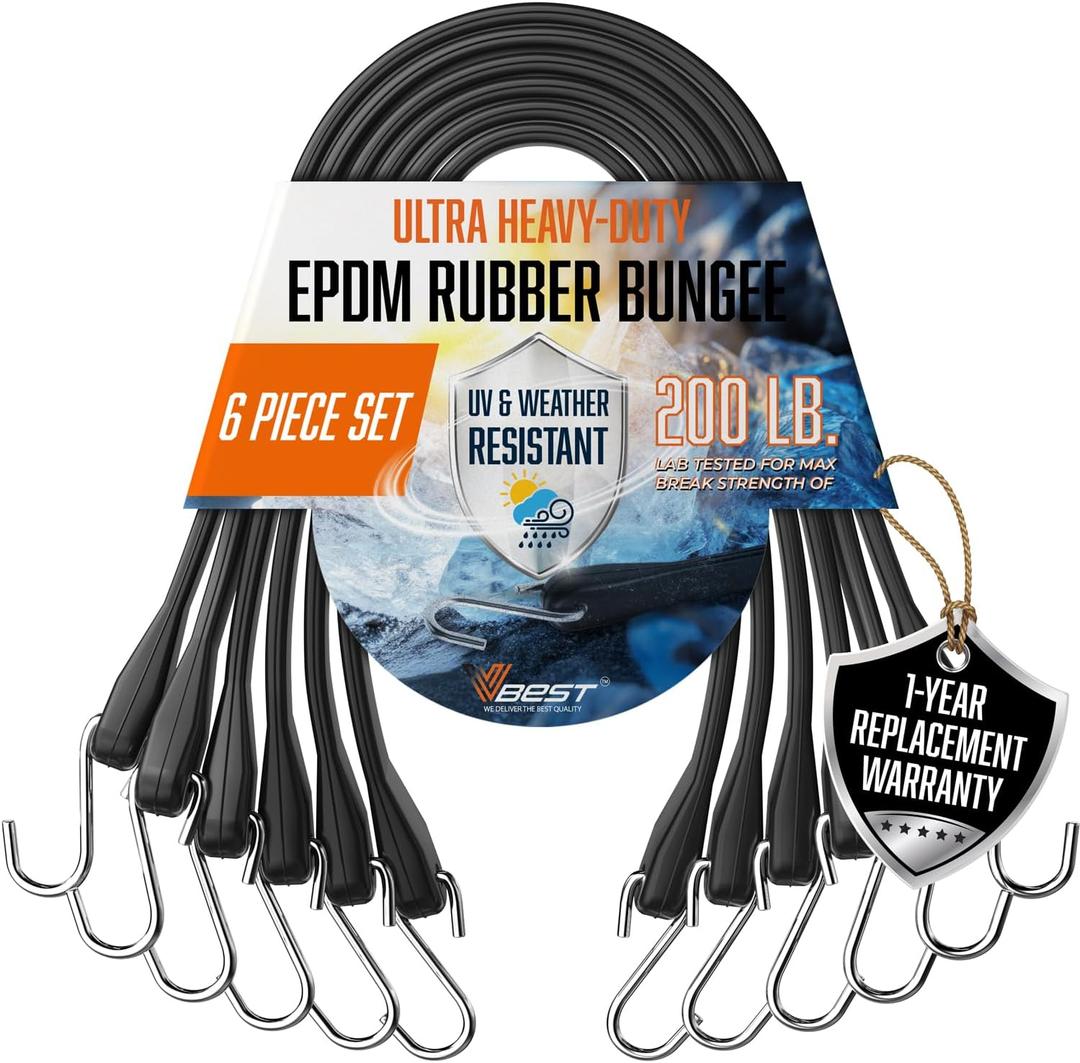 Rubber Bungee Cords with Hooks  Heavy Duty 31" Bungee Straps (6 Pack), 1.8X Max Stretch, Over 200 lbs Load  100% EPDM Rubber & S-Hooks for Cargo, Tarps, Outdoor Use