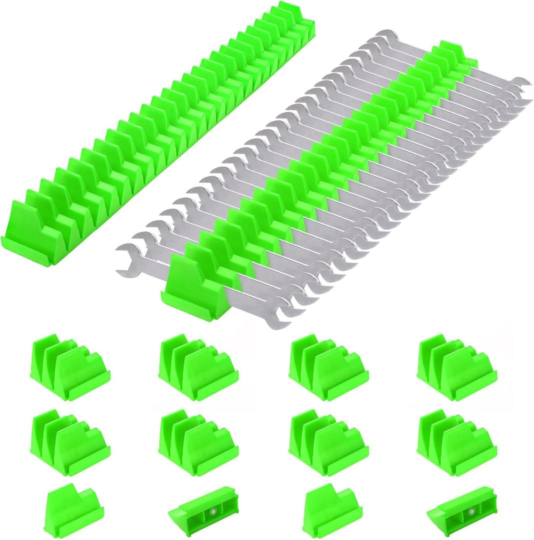 42 Pieces Modular Wrench Organizer Magnetic Wrench Holder Plastic Modular Tool Organizers with Label for Tool Drawer Storage (Green, for 100 Wrenches)